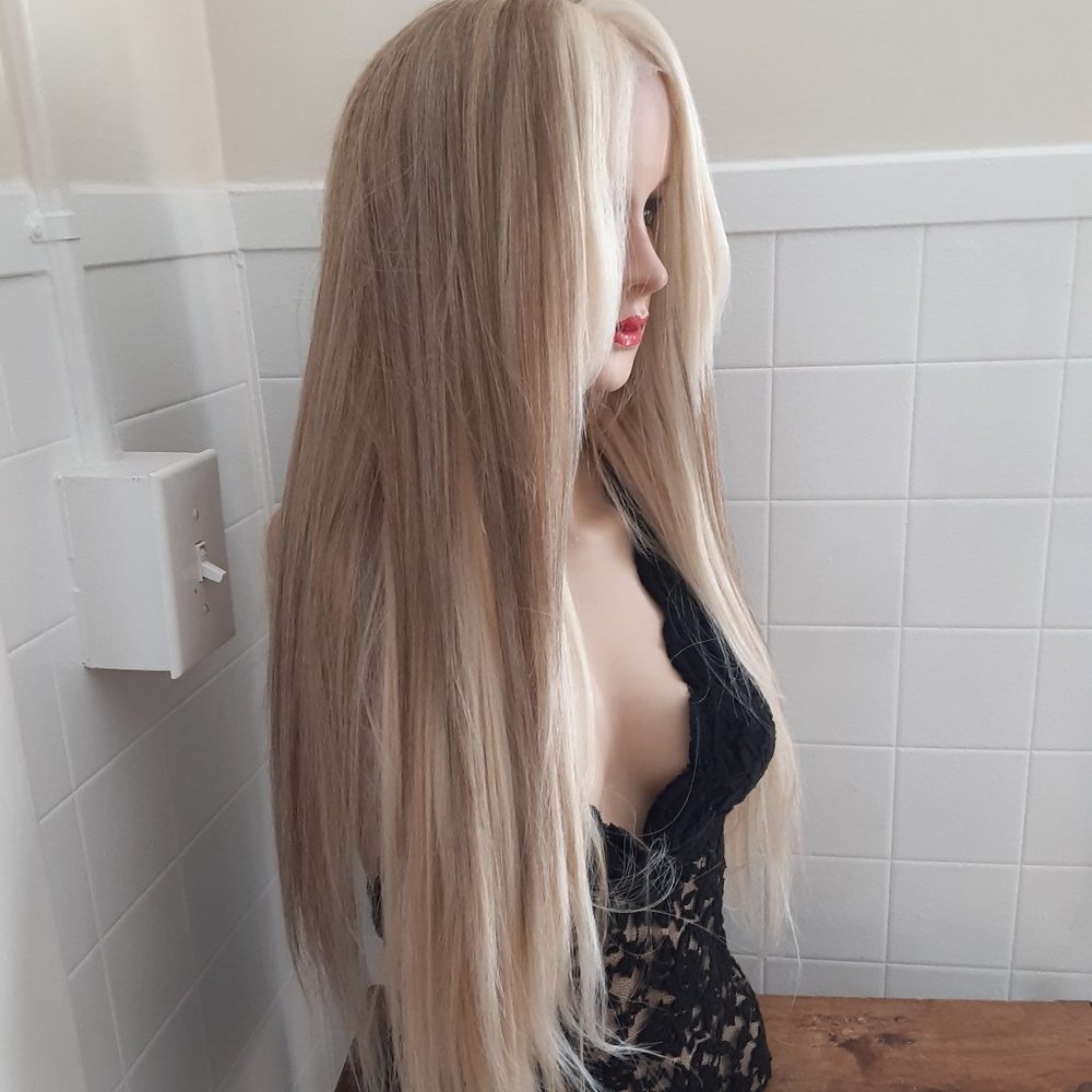 Blonde and ash blonde mix lace front wig straight  money piece hair highlights, - Picture 2 of 11